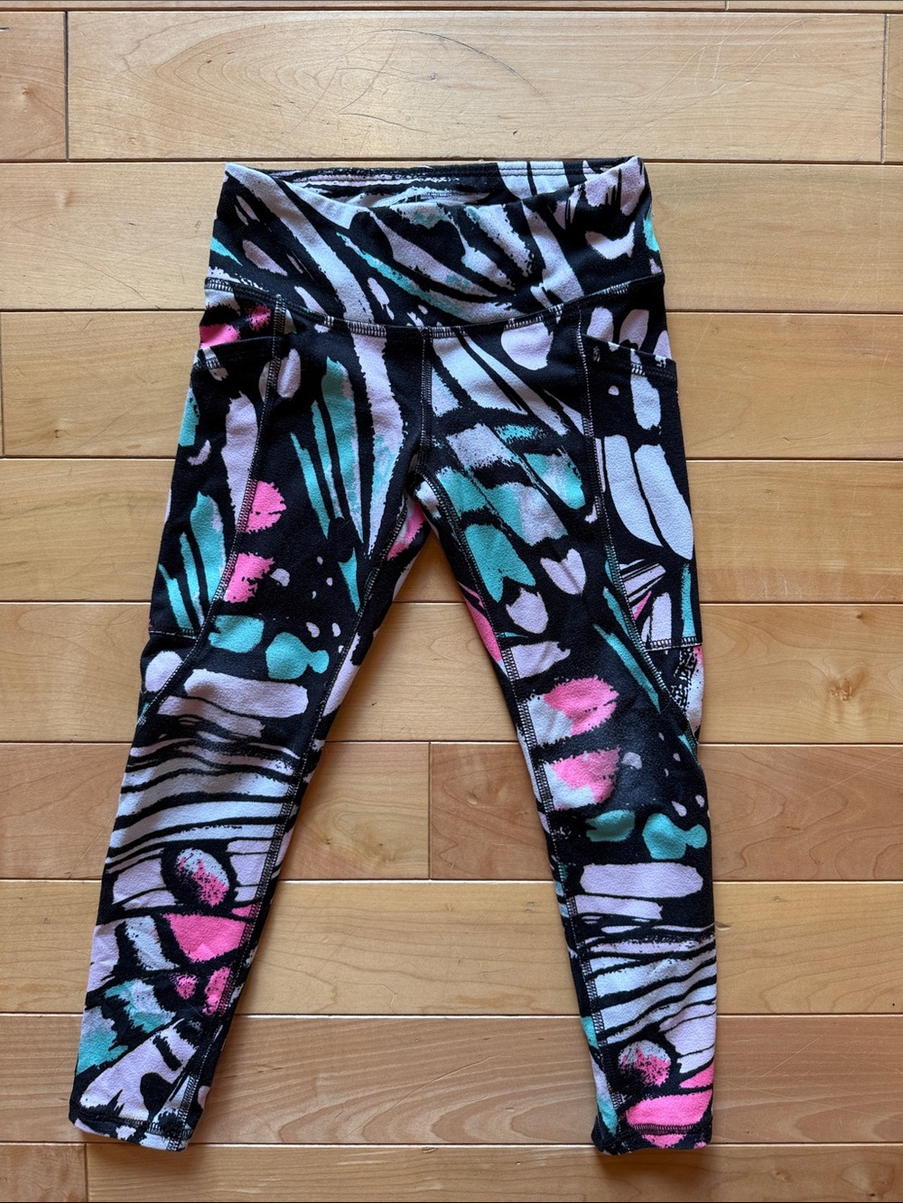 Athletic Works Black Leggings with Pink, Teal & Light Purple Abstract Print